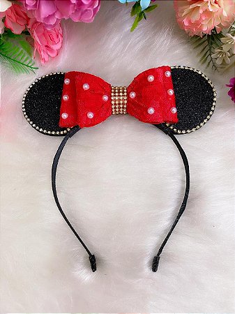 Tiara Infantil Minnie Vermelha e Preta com Pérolas e Strass