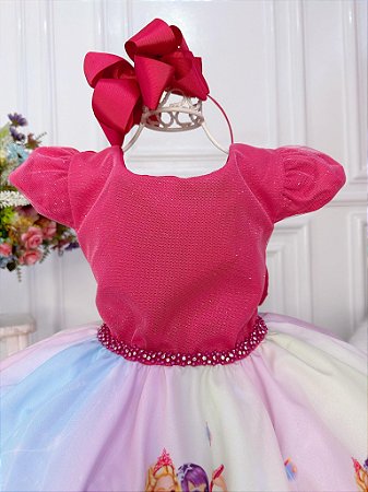 Vestido Infantil Barbie Princesa Festa Pink Peito Glitter