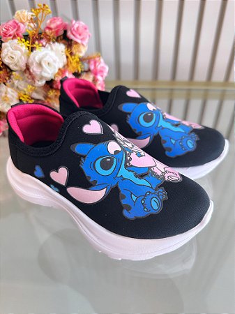 Tênis Calce Fácil Meninas Temático Lilo Stitch e Angel Preto