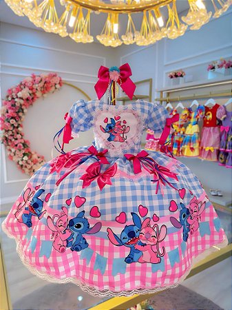 Vestido Infantil Lilo Stitch e Angel Xadrez Azul Festas