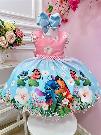 Vestido Bebê da Lilo e Stitch Rosa Florido Festas Luxo