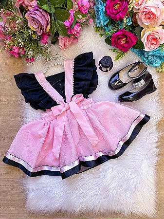 Romper/Vestido Mundo Bita Rosa e Preto