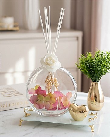 Kit Decorativo Difusor Aromatizador Vidro Flores + Bandeja e Vaso Dourado