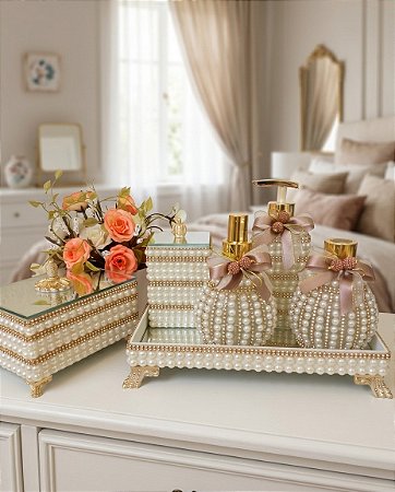 Kit Decorativo Luxo de Pérolas e Dourado