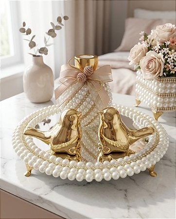 Kit Difusor Decorativo Com Bandeja Espelhada E Passarinhos Dourados Luxo