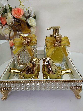 Kit lavabo cubo 100 ml com bandeja e dois passarinhos