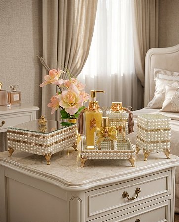 Conjunto Decorativo de Lavabo Luxo Pérolas e Dourado
