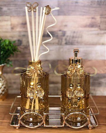 Kit Lavabo dourado com bandeja