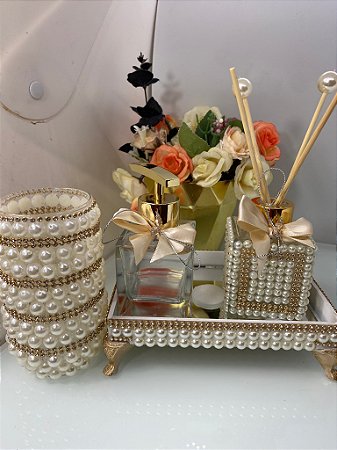 Kit Lavabo luxo pérolas com porta escova