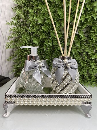 Kit Lavabo luxo pérolas strasss preto