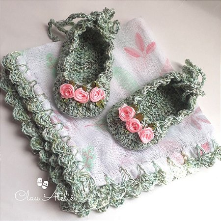 Kit Sapatilha 3 Marias Verde Mesclado/Rosa + Fralda de Boca