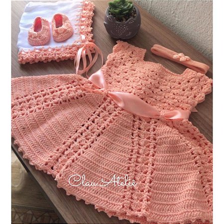 Conjunto Vestido Princesa - Salmon - Clau Atelie - Artigos em Croche para  Bebes