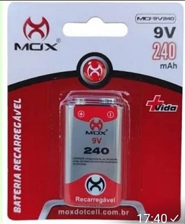 Pilha 9V recarregável mox