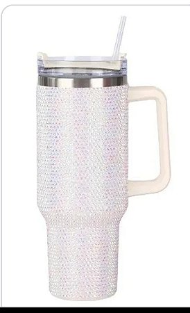 Copo térmico prata e branco com brilho