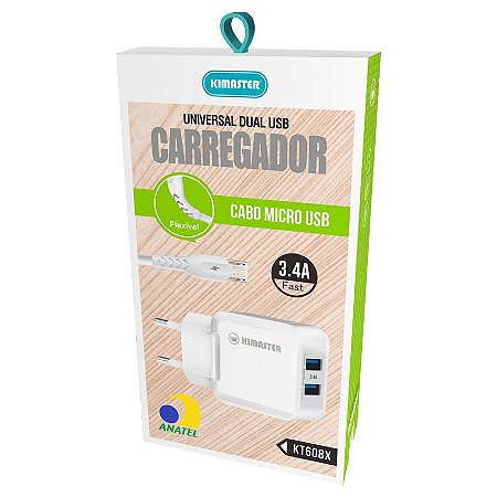 Carregador + Cabo Micro V8 3.4A Kimaster KT608X C/2USB