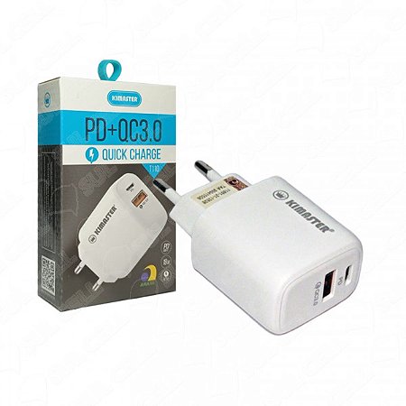 Fonte Carregador Tomada Turbo 5v 9v 12v 3.0A 18W Usb e Usb-C Kimaster (T110)