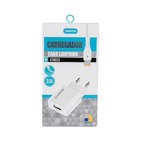Kit Carregador e Cabo Lightning 3.1A KT602X Branco Kimaster