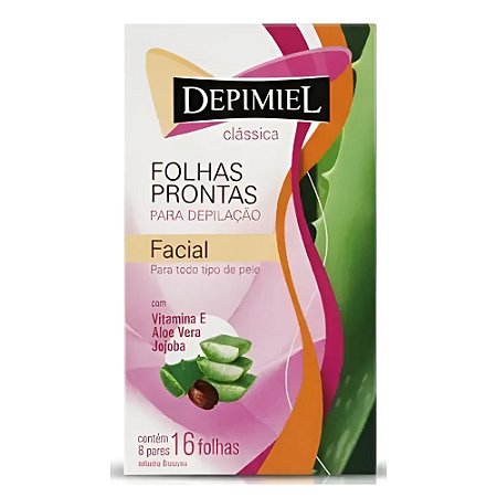 FOLHAS PRONTAS PRA DEPILAÇÃO FACIAL 16 FOLHAS VITAMINA E ALOE VERA JOJOBA 1253 DEPIMIEL