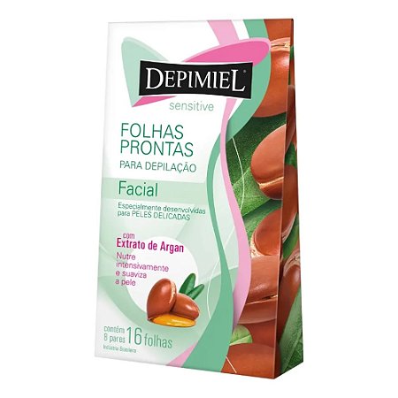 FOLHAS PRONTAS PRA DEPILAÇÃO FACIAL 16 FOLHAS EXTRATO DE ARGAN 1255 DEPIMIEL