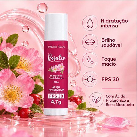 HIDRATANTE LABIAL 6 EM 1 ROSA MOSQUETA FPS 30 ABELHA RAINHA