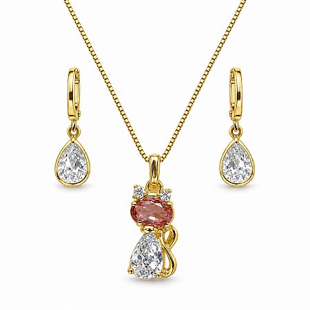 Conjunto de Brincos e Gargantilha Infantil Banhado a Ouro - 48912