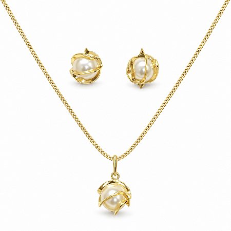 Conjunto de Brincos e Gargantilha Banhado a Ouro - 48165