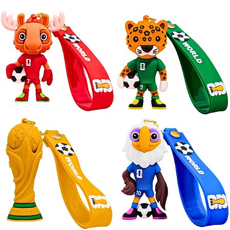 Kit Chaveiros Mascotes e Taça 6cm Futebol Copa do Mundo 2026