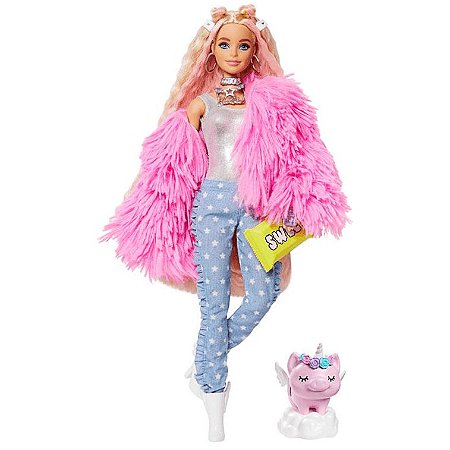 Boneca Barbie Extra Fashion Loira Casaco Rosa Pet Unicórnio