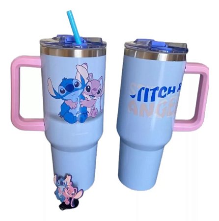 CANECÃO STITCH E ANGEL TÉRMICO COM CANUDO + PIGENTE - TUMBLER
