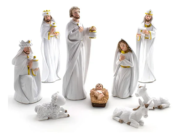 Presepio Decorativo Branco E Dourado Resina Decoracao