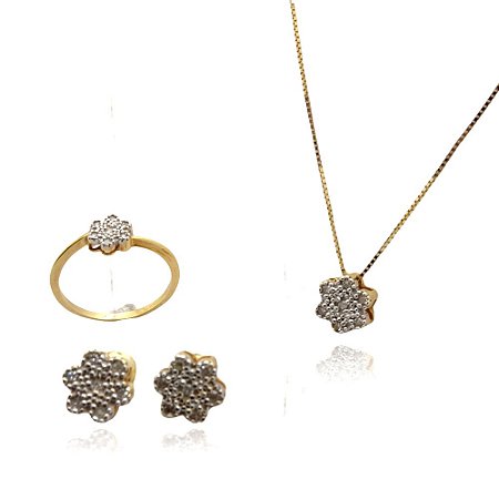 Conjunto colar e anel e brinco flor com diamantes