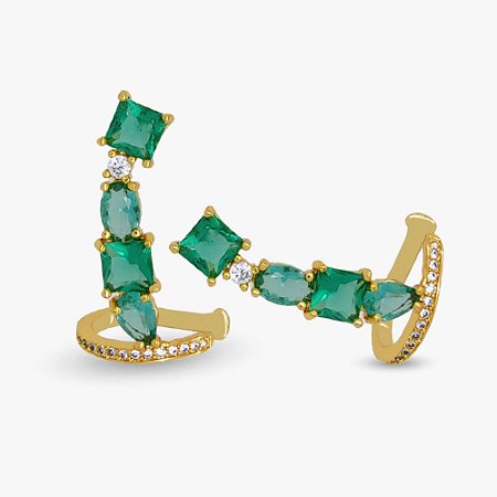 Brinco Ear Cuff Cravejado em Zircônia Verde Banhado a Ouro 18k