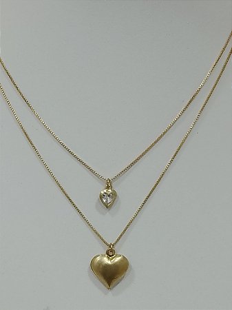 Colar duplo coração em zirconia