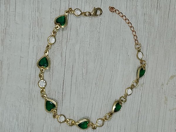 Pulseira coração verde e pedra cristal