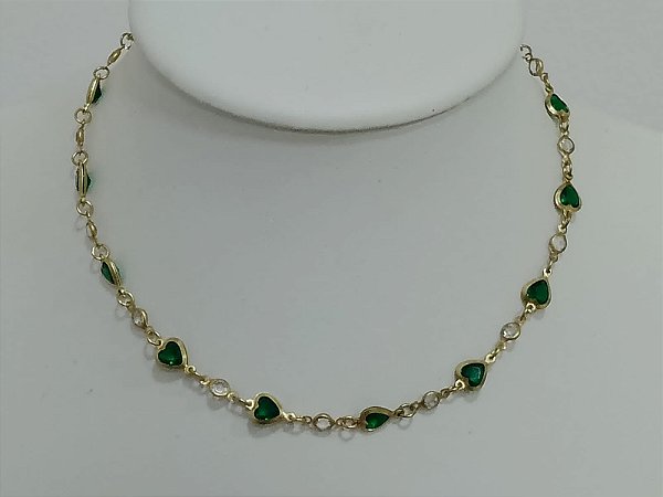 Choker coração 6 mm verde e pedra redonda cristal