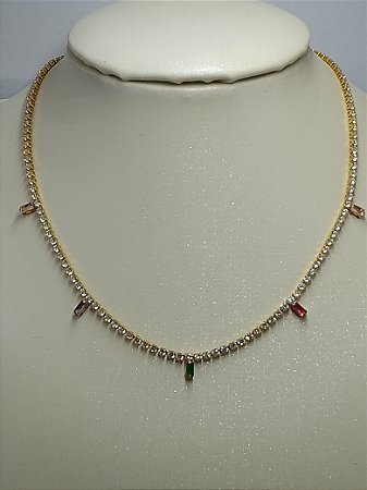 Choker zirconia baguete colorida