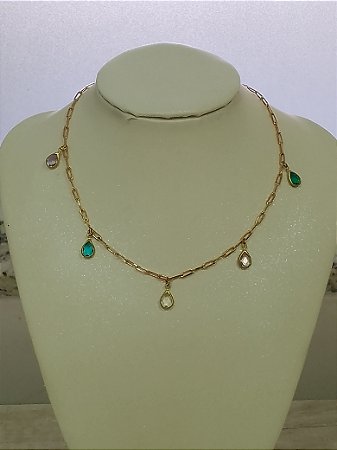 Choker corrente elo com gotas coloridas