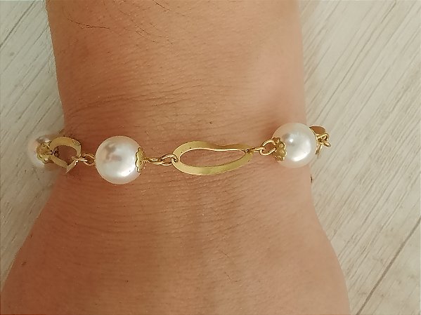 Pulseira pérola com elo oval
