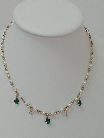 Colar pérola com gota verde e zircônia