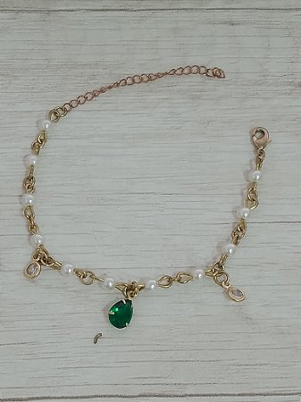 Pulseira pérola com gota verde e zircônia