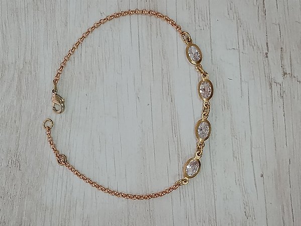 Pulseira elo português com zirconia oval no bruto
