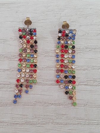 Brinco franja strass colorido