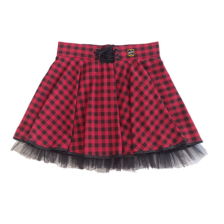Saia Paris Feminina em Gabardine Italiano com Tule - Xadrez Vermelho