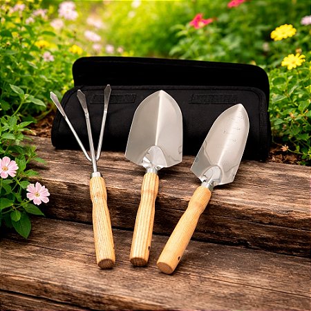 Kit Jardinagem 3 Peças em Aço Inox e Madeira