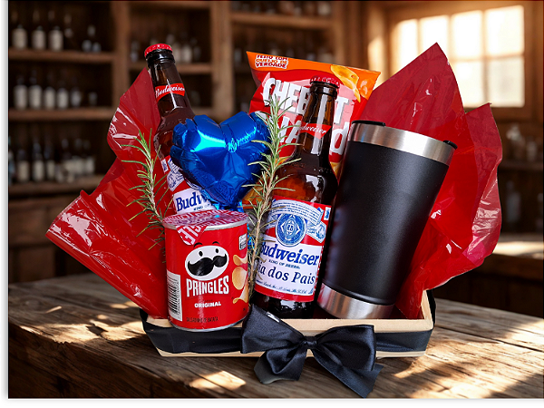Cesta Cervejas com Copo Térmico Inox. Cesta Presente com Cerveja
