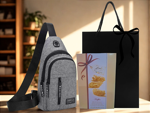Presente Bolsa transversal masculina com Trufas importado.
