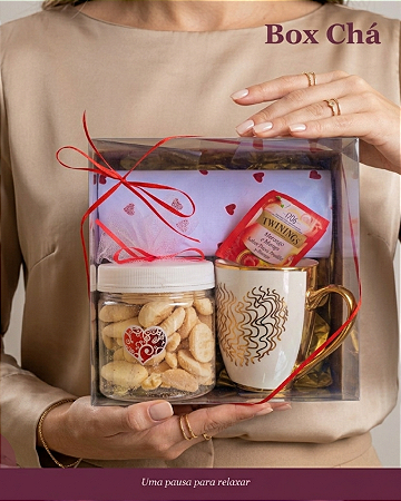 Caixa Caneca Chá Especial, chocolate, e biscoitos. Cesta presente Dia das Mães