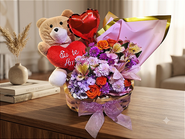 Arranjo de Flores com Urso Eu Te Amo