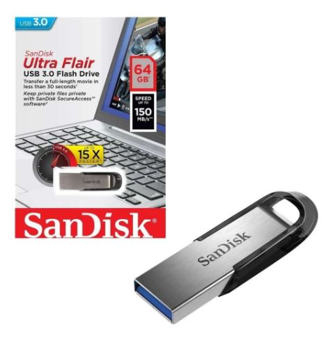 PEN Drive Sandisk Cruzer Ultra Flair 64gb USB 3.0 Preto/prata - Sdcz73-064g-g46