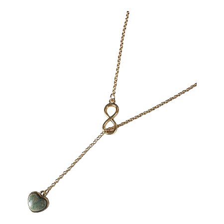 Colar gravata infinito pedra coração feldspato verde